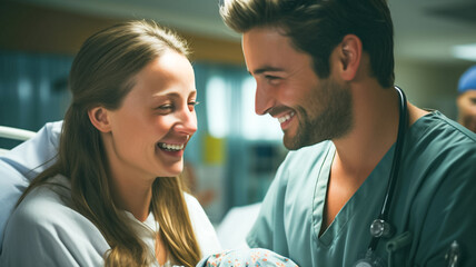 Obstetrician Gives Newborn Baby to a Mother to Hold. Baby and Wife. Medical Health Care, Maternity Hospital and Parenthood Concept. - obrazy, fototapety, plakaty