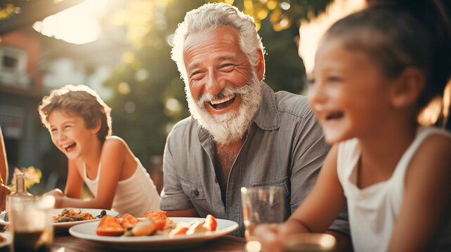 Happy senior grandfather talking and having fun with his grandchildren. Outdoors dinner with food and drinks. 
