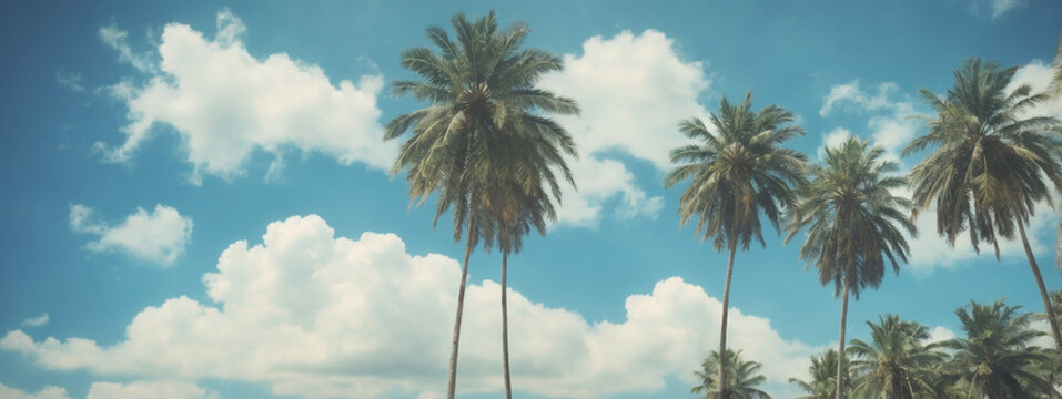 Blue sky and palm trees view from below, vintage style, tropical beach and summer background, travel concept