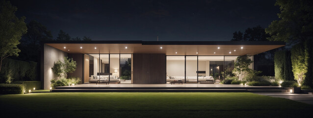 Obraz premium Modern house with garden at night