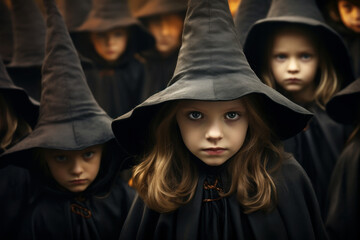 Obraz premium Group of girls in witch costume. Halloween, holiday concept
