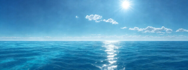 Blue ocean panorama with sun reflection, The vast open sea with clear sky, Ripple wave and calm sea with beautiful sunlight - obrazy, fototapety, plakaty