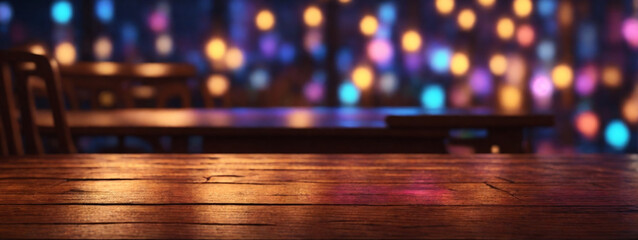 Wooden table, blurred bokeh background background. Neon light, night view, close-up. The general background of the interior, a dark background. - Powered by Adobe
