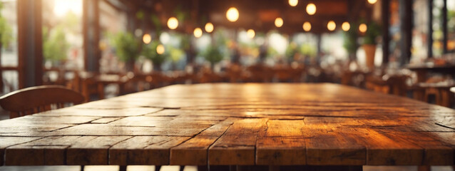 Naklejka premium Vintage Coffee Shop Ambiance: Empty Old Wood Tabletop with Blurred Bokeh Cafe Interior Background, Perfect for Displaying and Montaging Your Products.