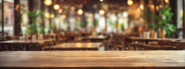 Vintage Coffee Shop Ambiance: Empty Old Wood Tabletop with Blurred Bokeh Cafe Interior Background, Perfect for Displaying and Montaging Your Products. - obrazy, fototapety, plakaty
