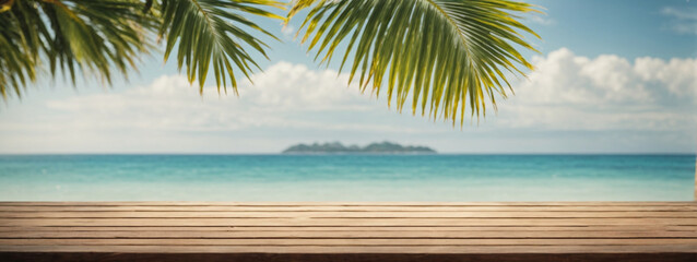 Fototapeta na wymiar Wood Table with Seaside View, Palm Leaves, and Calm Sea Blur Bokeh - A Perfect Background for Your Product Display or Summer Vacation Concept.