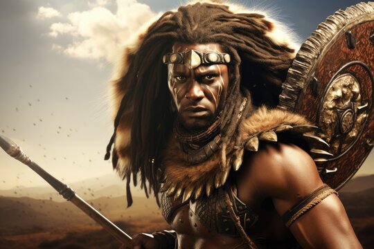 The Dignity and Strength of a Zulu Tribe Member as He Proudly Displays His Heritage, Dressed in Elaborate Traditional Clothing and Holding a Gleaming Spear, Embodying Centuries of African History