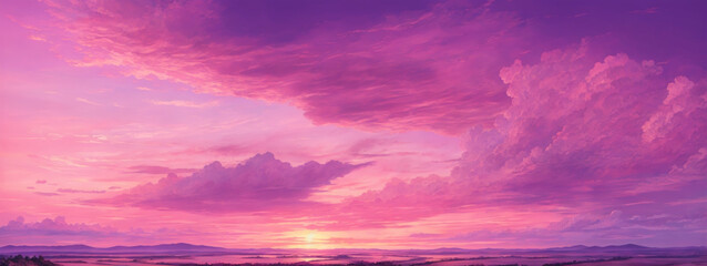Naklejka na ściany i meble Panoramic view of a pink and purple sky at sunset. Sky panorama background.