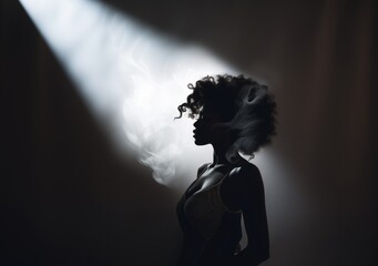 Empowered Elegance: The Silhouette of a Confident Black Woman Radiating Strength and Independence Against a Dark Canvas
