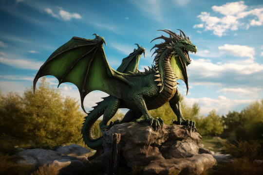 Large green dragon with raised wings stands on rock in the forest against the background of sky, mascot of the year according to Chinese lunar calendar