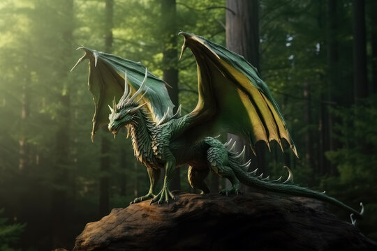 Large green dragon with raised wings stands on rock in the forest against the background of trees, mascot of the year according to Chinese lunar calendar