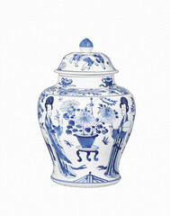 Blue and white chinoiserie. Blue and white chinese porcelain Ginger Jar on white background.