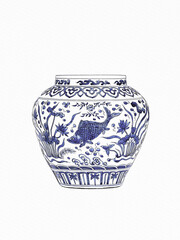 Blue and white chinoiserie. Blue and white chinese porcelain vase on white background.