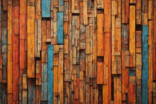 Abstract Aged Wood Architecture Texture: Colorful Block Stacks on the Wall, Ideal Background for Art and Design Projects.