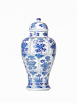 Blue and white chinoiserie. Blue and white chinese porcelain Ginger Jar on white background.