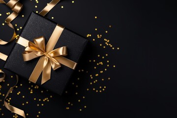 Gift box and golden ribbon on black background with glitter. Black friday sale concept. Banner - obrazy, fototapety, plakaty