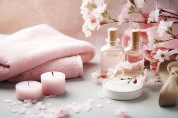 Fototapeta na wymiar Home spa and skin care concept. Bottles of essential oil or serum, pink towels and candles on pastel background with flowers.