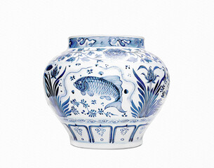 Blue and white chinoiserie. Blue and white chinese porcelain vase on white background. - obrazy, fototapety, plakaty
