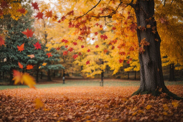 Autumn colorful bright leaves swinging in a tree in autumnal park. Autumn colorful background, fall backdrop