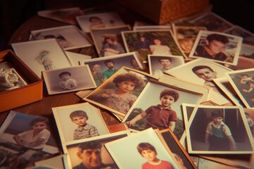 Nostalgic Flashback: A Collection of 80s and 90s Childhood Portraits Spread Out on a Table.

