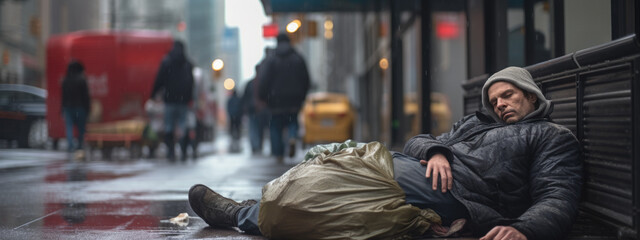 Homeless man sleeps on a city street