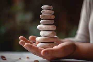 A person holding a stack of rocks in their hands