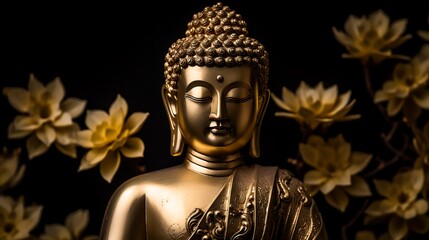 Golden Buddha statue on black background with copy space for your text.