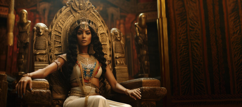 Regal Splendor: An Artistic Depiction of Cleopatra Gracefully Seated on Her Magnificent Throne, A Symbol of Ancient Majesty
