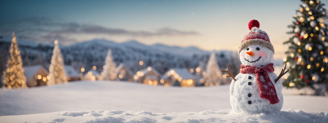 Fototapeta premium Wishing You a Merry Christmas and a Happy New Year! Festive Greeting Card with Snowman in a Winter Wonderland