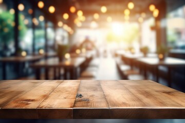 A wooden table with a blurred background