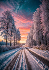 Road leading towards colorful sunrise between snow covered trees with epic milky way on the sky - obrazy, fototapety, plakaty