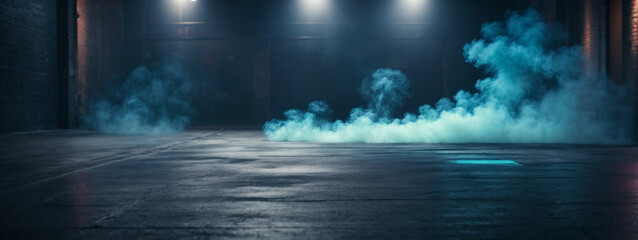 Abstract Dark Blue Background with Neon Lights and Smoke, Creating a Studio-Style Atmosphere for Product Displays on a Concrete Floor.
