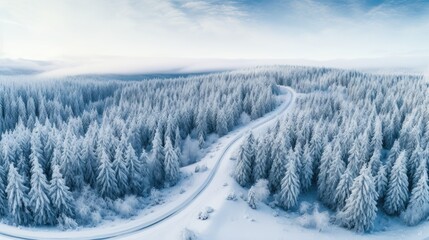 Fototapeta na wymiar a forest road seen from above, winding its way through a snow-covered landscape.