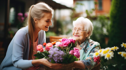 Fototapeta na wymiar Granddaughter gives grandmother a bouquet of flowers for her birthday in honor of March 8
