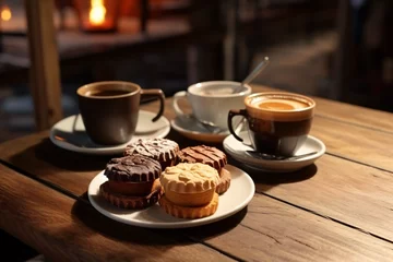 Fotobehang Tasty cup of coffee new delicious mini cakes © aryani
