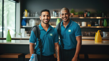 Happy multicultural cleaners looking at camera while standing with cleaning supplies in office