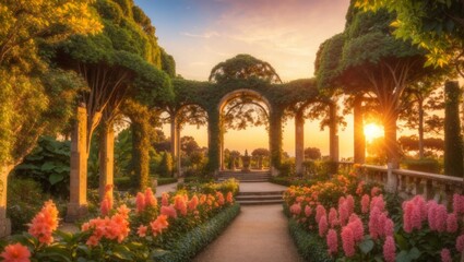 Fototapeta na wymiar Captivating summer sunrise in Botanical garden. Fantastic morning scene,Beauty of background