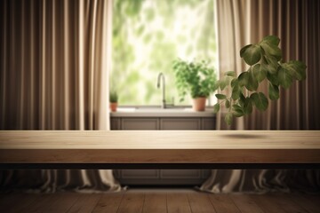 A wooden table with a potted plant in front of a window
