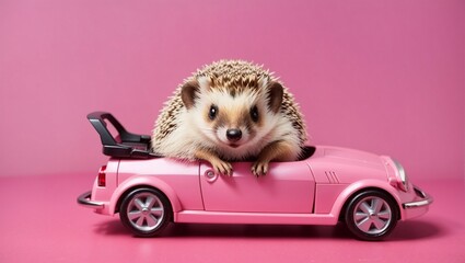 Little European hedgehog sit on roadster on pink carton background
