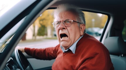 Elderly man gets angry while driving his car in traffic, he shouting a lot, angry and quarrelsome. Generative AI