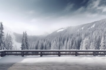 A snowy mountain landscape with a wooden walkway leading through the winter scenery
