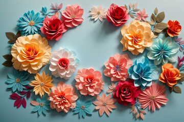 Colourful handmade paper flowers on light blue background with copyspace in the center