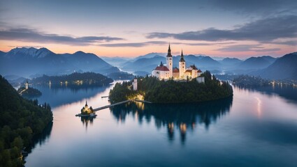 Fototapeta na wymiar Aerial view of Bled lake landscape with the Pilgrimage Church of the Assumption of Maria on a small island after sunset