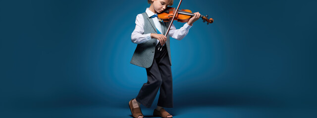 Little boy playing violin on blue sky background