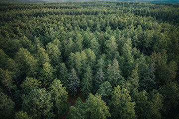 Aerial top view of summer green trees in forest in rural Finland.