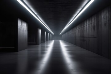 A mysterious and inviting long hallway with a captivating light at the end