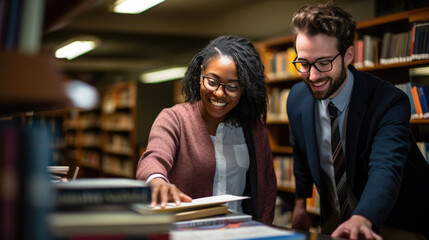 Fototapeta premium Female University Or College Student In Library Talking With Teacher