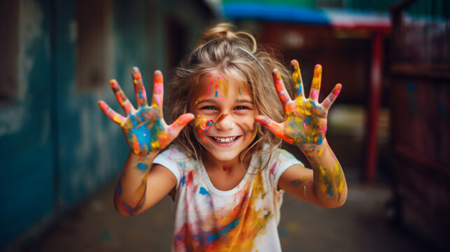 Naklejki Little girl painting colorful art on wall, Happy funny girl showing dirty hands with colorful paint, Concept of art education and learning, Kid with activity, Child playing colors, AI Generated