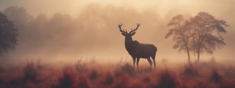 Red deer stag silhouette in the mist