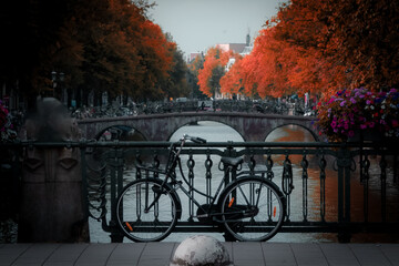 A bridge over a canal in Amsterdam with Red tree leaves